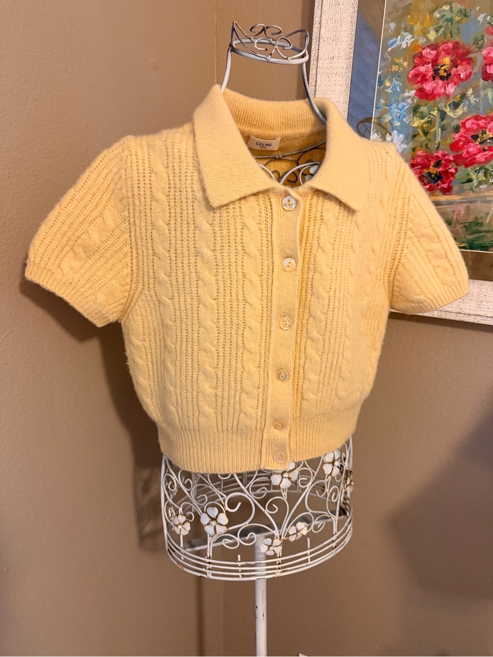 Celine Cashmere Short Sleeve Cable Knit Cropped Cardigan in Butter Yellow Small